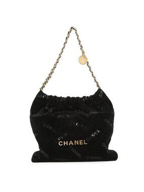Chanel Chain Shoulder Bag 22 Quilted Small Velour Sequin Black With Pouch